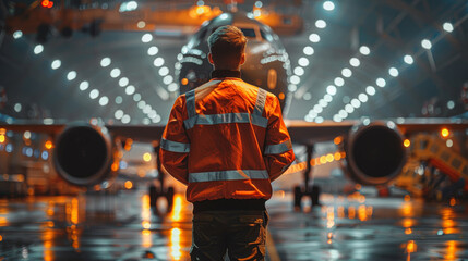 Wall Mural - A man in an orange jacket stands in front of an airplane. The scene is set in a runway with lights illuminating the area. The man is a worker, possibly a pilot or an engineer, as he looks at the plane