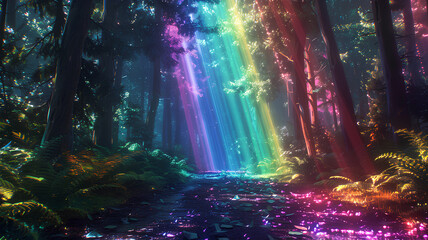 Wall Mural - Deep in a forest of unique psychedelic trees. neon rainbow light. the mystical lighting is truly enchanting