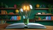 Light bulb illuminating a book, The power of knowledge and ideas