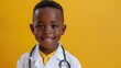 Smiling cute African American boy wearing glasses and white coat uniform with stethoscope pretending doctor.