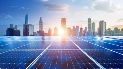 Solar panels with city skyline at sunrise, portraying renewable energy in urban settings.