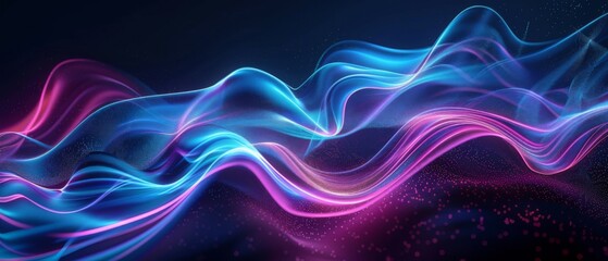 Poster - Data transfer technology concept wallpaper texture background banner illustration - Abstract futuristic with blue pink glowing neon lights moving high speed wave lines and bokeh lights.
