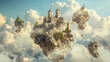 Fantasy fairytale flying rocks with castle.