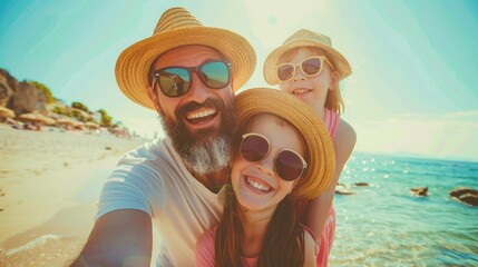 Wall Mural - Happy family in sunglasses and straw hats taking selfie on the beach, having fun together during summer vacation.