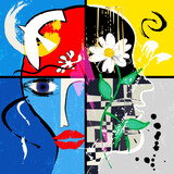 Fototapeta Młodzieżowe - abstract background composition, with paint strokes and splashes, flower, mouth, eye, profil