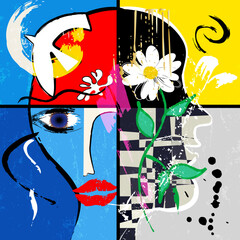 Wall Mural - abstract background composition, with paint strokes and splashes, flower, mouth, eye, profil