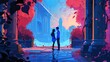 © Samaphon - Illustrate a heartwarming romantic story unfolding in a futuristic world powered by blockchain technology Combine traditional art medium with a focus on color theory to evoke emotion and depth in the