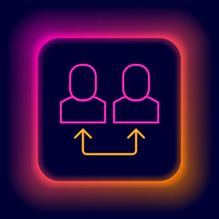 Wall Mural - Glowing neon line Exchange work icon isolated on black background. Information exchange between people. Employee or people Replacement or swap position concept. Colorful outline concept. Vector