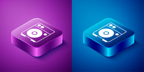 Isometric Guitar amplifier icon isolated on blue and purple background. Musical instrument. Square button. Vector