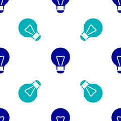 Poster - Blue Creative lamp light idea icon isolated seamless pattern on white background. Concept ideas inspiration, invention, effective thinking, knowledge and education. Vector