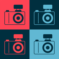 Sticker - Pop art Photo camera icon isolated on color background. Foto camera. Digital photography. Vector