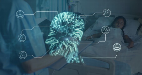 Wall Mural - Image of network of connections and computer circuit board over diverse doctor and patient