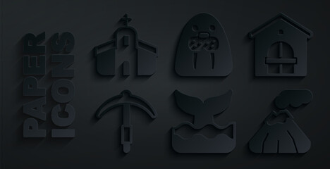 Poster - Set Whale tail, Farm house, Pickaxe, Volcano, Walrus animal and Church building icon. Vector