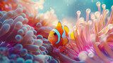 Underwater close-up of a colorful clownfish nestled among the tentacles of a sea anemone
