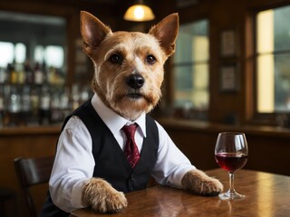 Wall Mural - Portrait of a Terrier Dog drinking wine at the bar. Funny animals night out scene. Bar decor.
