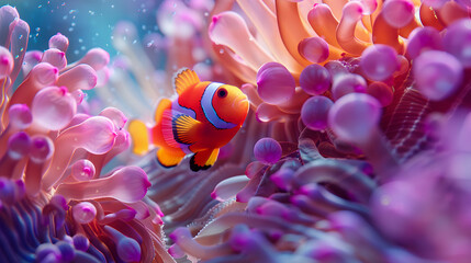 Underwater close-up of a colorful clownfish nestled among the tentacles of a sea anemone