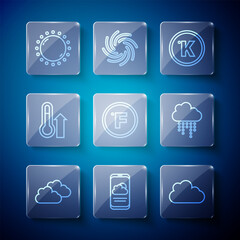 Sticker - Set line Cloud, Weather forecast, Kelvin, Fahrenheit, Meteorology thermometer, Sun and with rain icon. Vector