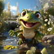 Funny frog in the pond. 3D render. Fantasy.