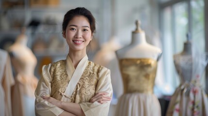 Wall Mural - A smiling Asian woman designer standing in a fashion design studio with mannequins.