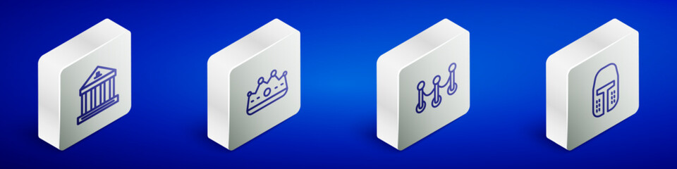 Sticker - Set Isometric line Museum building, King crown, Rope barrier and Medieval iron helmet icon. Vector