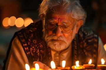 Elder Sharing Diwali Tales with Grandchildren in an Intimate Setting, Illuminated by Warm Indoor Lighting, Overflowing with Emotions and Tradition.