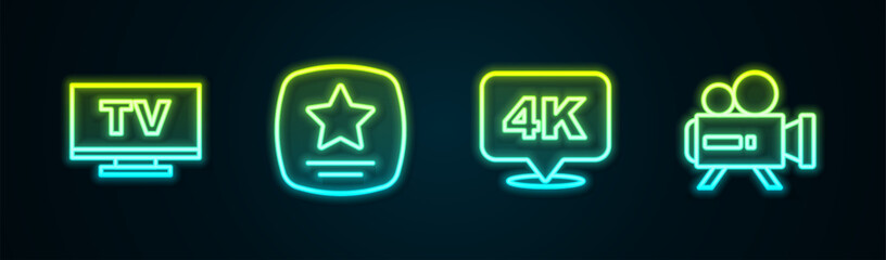 Poster - Set line Smart Tv, Walk of fame star, 4k Ultra HD and Retro cinema camera. Glowing neon icon. Vector