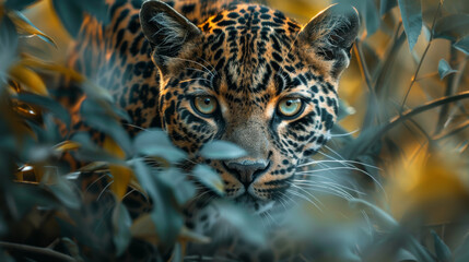 Wall Mural - A leopard is looking at the camera in a forest