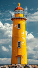 Canvas Print - A yellow lighthouse stands tall on a rocky shore. The cloudy sky above adds a sense of mystery and solitude to the scene