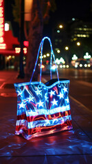 Wall Mural - A bag with a red, white, and blue American flag on it is lit up with lights