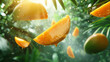 A close up of a mango with a slice missing. The mango is surrounded by green leaves and the slice is floating in the air