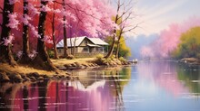 A Peaceful Lakeside Sanctuary, With A Solitary Cabin Surrounded By A Riot Of Spring Blossoms In Every Shade Imaginable, Their Vibrant Hues Mirrored In The Glassy Surface.