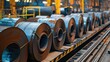 Steel coils in industrial manufacturing plant - An industrial photo capturing the strength and pattern of stacked steel coils ready for production in a manufacturing facility