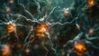 Glowing neuron cell close-up illustration - Detailed neural network depiction with focus on a single neuron with glowing connections