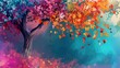 colorful abstract tree with multicolored leaves on hanging branches fantasy nature digital illustration background
