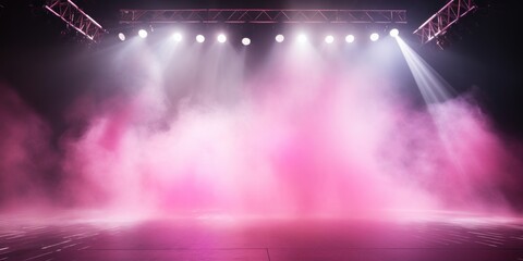 Wall Mural - Pink stage background, pink spotlight light effects, dark atmosphere, smoke and mist, simple stage background, stage lighting, spotlights