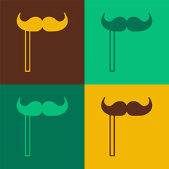 Canvas Print - Pop art Paper mustache on stick icon isolated on color background. Concept with cardboard carnival mask. Mask for a photo shoot. Vector