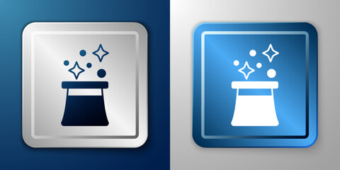 Poster - White Magician hat icon isolated on blue and grey background. Magic trick. Mystery entertainment concept. Silver and blue square button. Vector