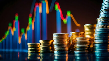 stack of gold money with investment graph on background with dark shades closeup object