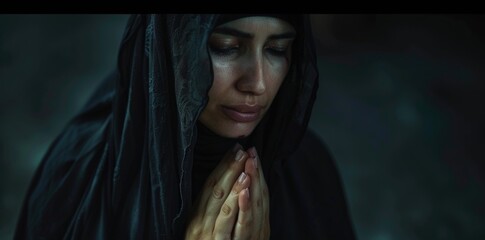 Young beautiful arab woman in black abaya and robe praying on dark background.