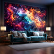 Interior of modern living room with blue sofa and colorful smoke wall 3D rendering