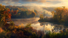 Autumnal Splendor At Ohio State Park - Morning Mist Over Tranquil Lake And Lush Foliage