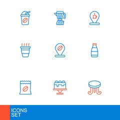 Poster - Set line Coffee table, Cake, Bag coffee beans, Milk bottle, cup to go, Location with, and maker moca pot icon. Vector