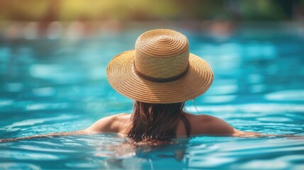 Wall Mural - Tourist woman in straw hat relax near blue swimming pool in modern resort.