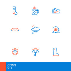 Poster - Set line Waterproof rubber boot, Umbrella and rain drops, Leaf, Homemade pie, Cloud with sun, Wooden log and Cup tea icon. Vector