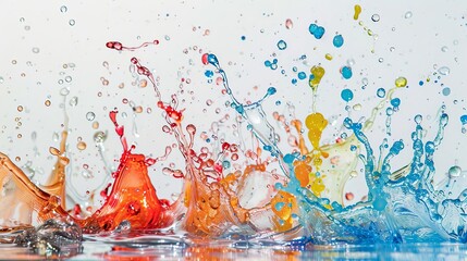 Wall Mural - dynamic liquid splashing with colorful droplets frozen in motion on white background abstract photography