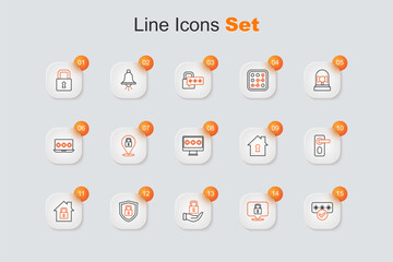 Poster - Set line Password protection, Lock, Shield security with lock, House under, Fingerprint door, and Monitor password icon. Vector