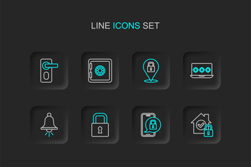 Sticker - Set line House under protection, Mobile with closed padlock, Lock, Ringing alarm bell, Laptop password, Safe and Fingerprint door icon. Vector