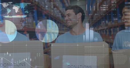 Poster - Image of data processing over diverse male and female volunteers laughing at warehouse