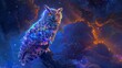 Neon glowing owl, vibrant and phantasmal iridescent hues, perched in a mystical night scene