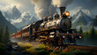 Steam locomotive in the mountains. Digital painting. 3d illustration